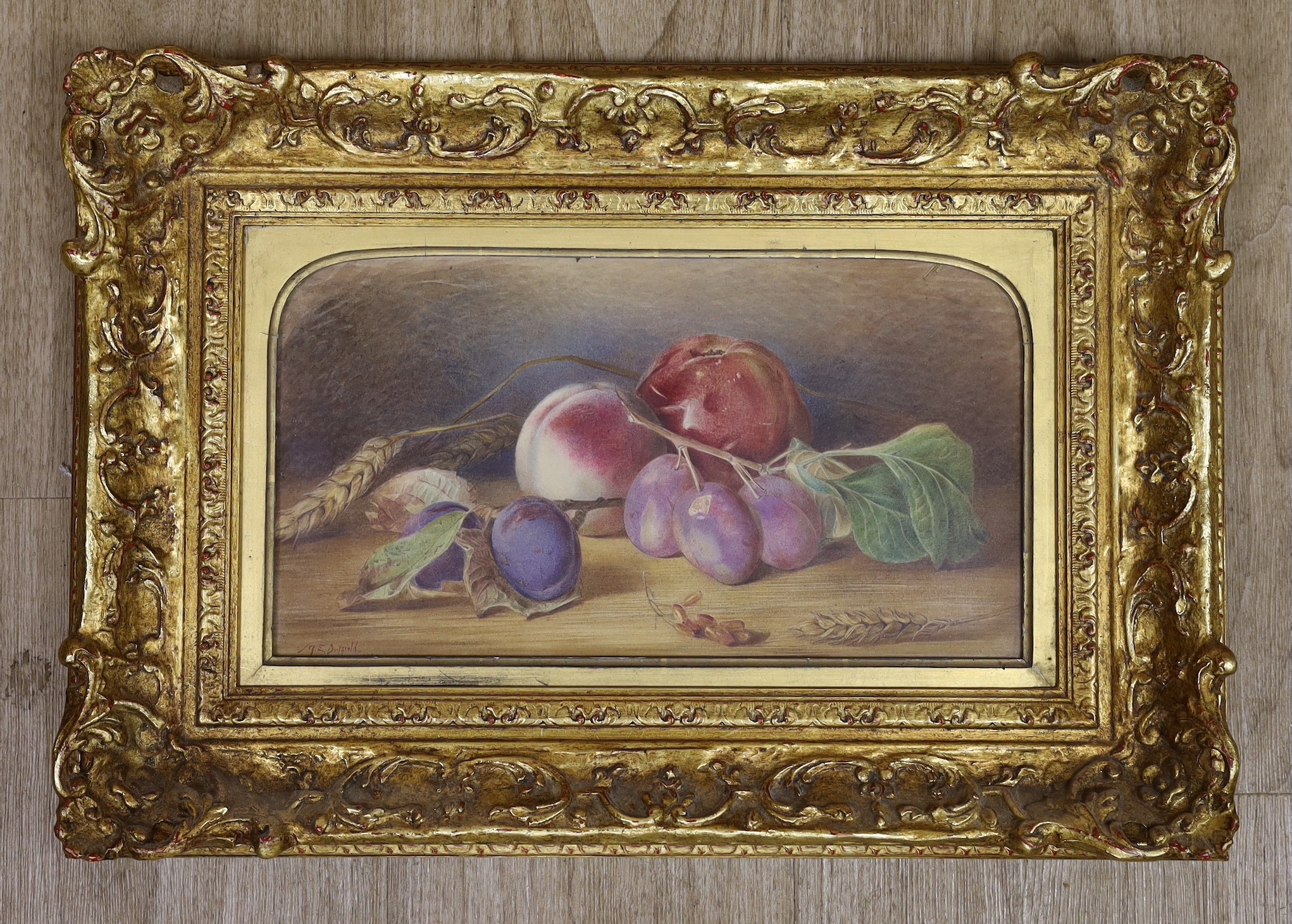 Mary Elizabeth Duffield (née Rosenberg)(1819-1914), watercolour, Still life of apples and plums, signed and dated 1887, 18 x 33cm